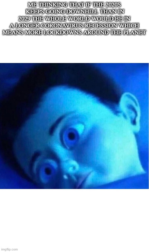 me thinking in bed before the 2021 new year celebration be like | ME THINKING THAT IF THE 2020S
 KEEPS GOING DOWNHILL THAN IN 2029 THE WHOLE WORLD WOULD BE IN A LONGER CORONAVIRUS RECESSION WHICH MEANS MORE LOCKDOWNS AROUND THE PLANET | image tagged in monster inc child scared in bed,2020 sucks,2021,thinking,bed | made w/ Imgflip meme maker