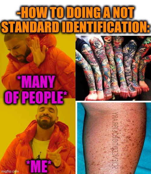 -Great moles. | -HOW TO DOING A NOT STANDARD IDENTIFICATION:; *MANY OF PEOPLE*; *ME* | image tagged in memes,drake hotline bling,tattoos,hand,colorful,mole | made w/ Imgflip meme maker