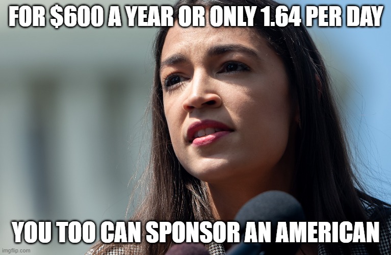 Stimulus Package | FOR $600 A YEAR OR ONLY 1.64 PER DAY; YOU TOO CAN SPONSOR AN AMERICAN | image tagged in politics,aoc,alexandria ocasio-cortez | made w/ Imgflip meme maker