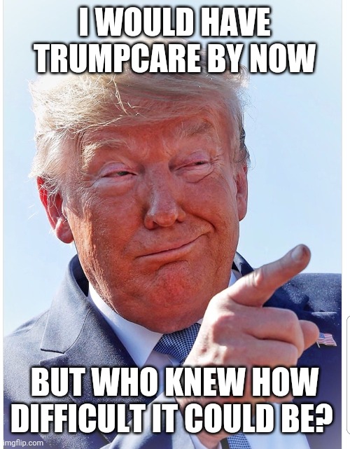 Trump pointing | I WOULD HAVE TRUMPCARE BY NOW BUT WHO KNEW HOW DIFFICULT IT COULD BE? | image tagged in trump pointing | made w/ Imgflip meme maker