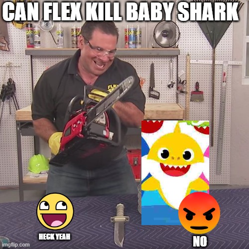 YES FLEX KILL HIM | CAN FLEX KILL BABY SHARK; HECK YEAH; NO | image tagged in flex seal chainsaw | made w/ Imgflip meme maker