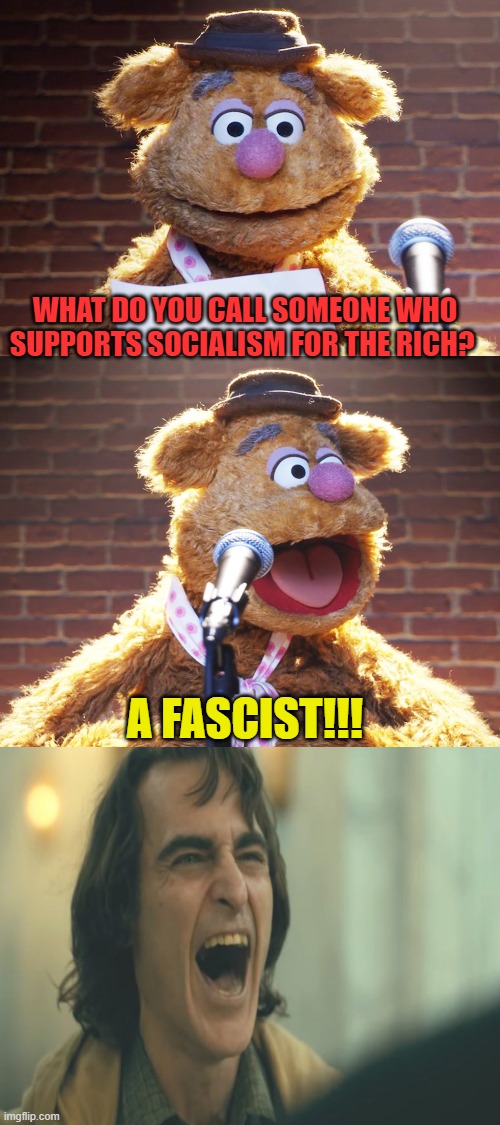 Fozzie Jokes | WHAT DO YOU CALL SOMEONE WHO SUPPORTS SOCIALISM FOR THE RICH? A FASCIST!!! | image tagged in fozzie jokes | made w/ Imgflip meme maker
