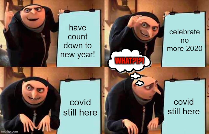 Gru's Plan Meme | have count down to new year! celebrate no more 2020; WHAT?!?! covid still here; covid still here | image tagged in memes,gru's plan | made w/ Imgflip meme maker