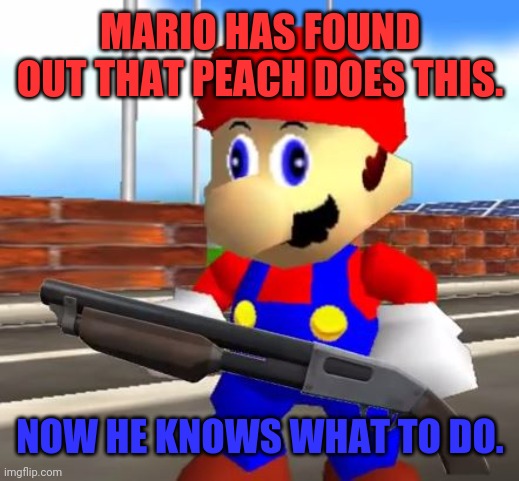 SMG4 Shotgun Mario | MARIO HAS FOUND OUT THAT PEACH DOES THIS. NOW HE KNOWS WHAT TO DO. | image tagged in smg4 shotgun mario | made w/ Imgflip meme maker