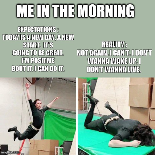 Reality hits you harder | ME IN THE MORNING; REALITY :

NOT AGAIN. I CAN'T. I DON'T WANNA WAKE UP. I DON'T WANNA LIVE. EXPECTATIONS :

TODAY IS A NEW DAY, A NEW START.  IT'S GOING TO BE GREAT. I'M POSITIVE BOUT IT. I CAN DO IT. | image tagged in expectation vs reality | made w/ Imgflip meme maker
