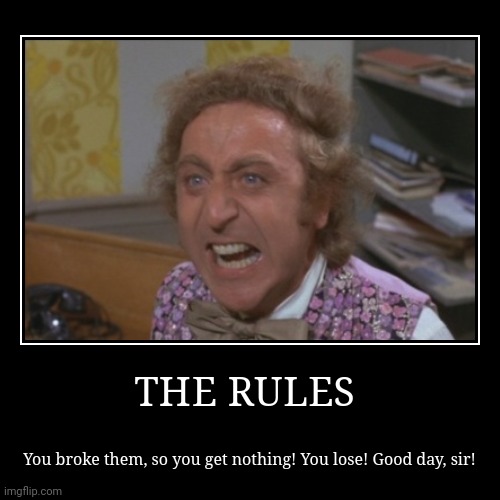 image tagged in demotivationals,wonka,rules,you get nothing,you lose,good day sir | made w/ Imgflip demotivational maker