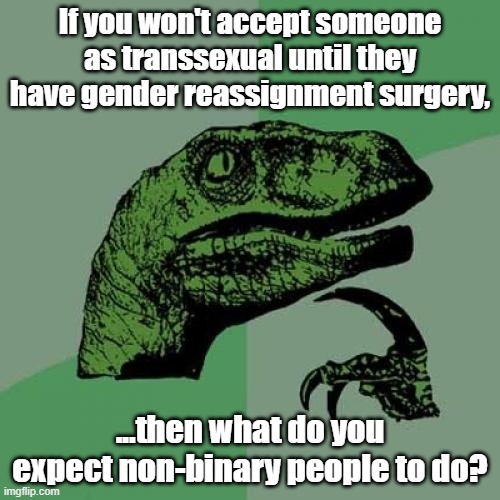 A question for transphobes |  If you won't accept someone as transsexual until they have gender reassignment surgery, ...then what do you expect non-binary people to do? | image tagged in curious raptor,transgender,non-binary,prejudice | made w/ Imgflip meme maker