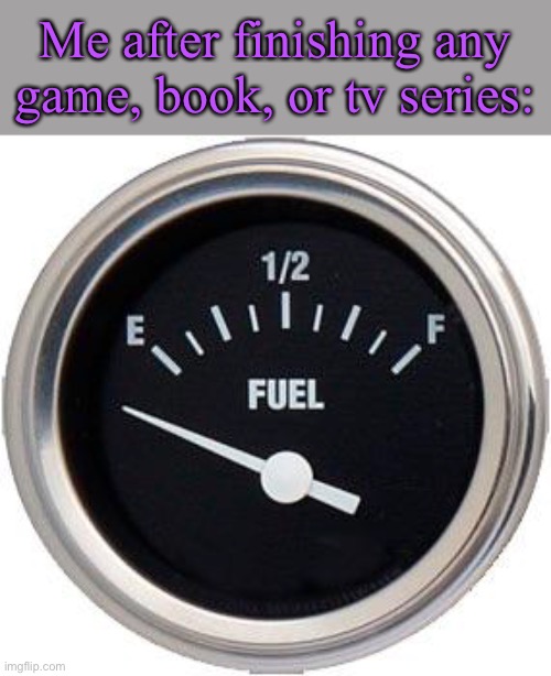 Empty gauge | Me after finishing any game, book, or tv series: | image tagged in empty | made w/ Imgflip meme maker