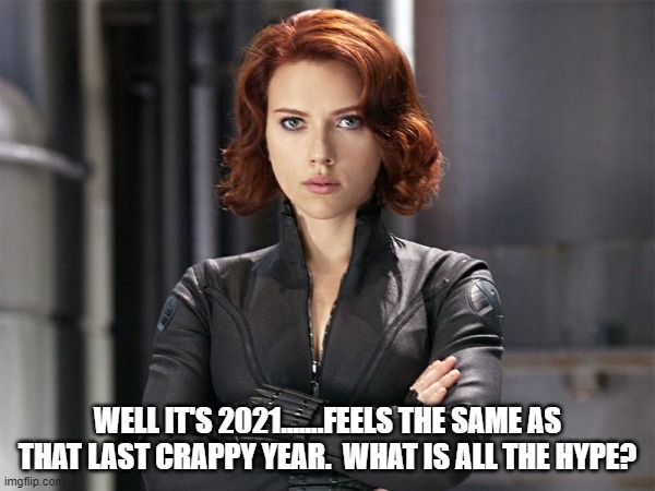 No difference. | WELL IT'S 2021.......FEELS THE SAME AS THAT LAST CRAPPY YEAR.  WHAT IS ALL THE HYPE? | image tagged in black widow - not impressed | made w/ Imgflip meme maker