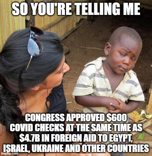 SO YOU'RE TELLING ME: Congress approved $600 COVID checks at the same time as $4.7B in foreign aid | SO YOU'RE TELLING ME; CONGRESS APPROVED $600 COVID CHECKS AT THE SAME TIME AS $4.7B IN FOREIGN AID TO EGYPT, ISRAEL, UKRAINE AND OTHER COUNTRIES | image tagged in 3rd world sceptical child | made w/ Imgflip meme maker