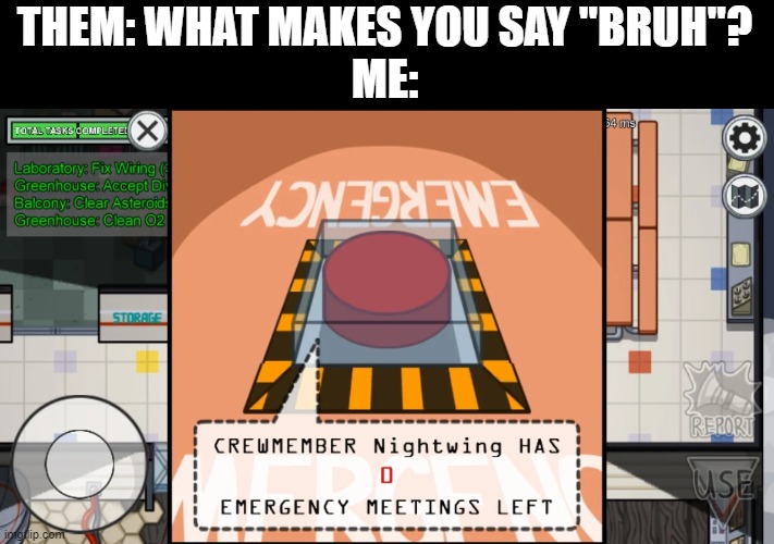 It's even worse if you know who the imposters are. |  THEM: WHAT MAKES YOU SAY "BRUH"?
ME: | image tagged in 0 emergency meetings left,bruh | made w/ Imgflip meme maker