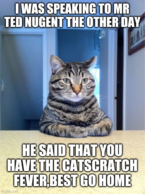 Take A Seat Cat | I WAS SPEAKING TO MR TED NUGENT THE OTHER DAY; HE SAID THAT YOU HAVE THE CATSCRATCH FEVER,BEST GO HOME | image tagged in memes,take a seat cat | made w/ Imgflip meme maker