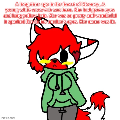 Lits Backstory part one | A long time ago in the forest of Mooney, A young white snow cub was born. She had green eyes and long yellow hair. She was so pretty and wonderful it sparked fire in her mother's eyes. Her name was lit. | image tagged in litttt | made w/ Imgflip meme maker