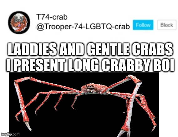 Crabby boi (1 point) | LADDIES AND GENTLE CRABS I PRESENT LONG CRABBY BOI | image tagged in t74 anouncment,crab | made w/ Imgflip meme maker