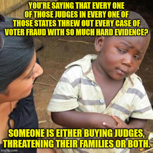 Something just doesn't add up.  Where are the investigations (outside of conservative groups)? | YOU'RE SAYING THAT EVERY ONE OF THOSE JUDGES IN EVERY ONE OF THOSE STATES THREW OUT EVERY CASE OF VOTER FRAUD WITH SO MUCH HARD EVIDENCE? SOMEONE IS EITHER BUYING JUDGES, THREATENING THEIR FAMILIES OR BOTH. | image tagged in corruption,voter fraud,selling out america | made w/ Imgflip meme maker