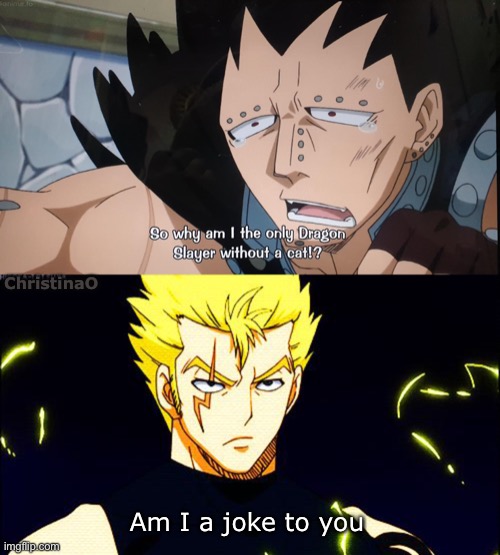 Fairy Tail cats / exceeds |  ChristinaO; Am I a joke to you | image tagged in fairy tail,fairy tail meme,gajeel redfox,laxus dreyar,cats,fairy tail guild | made w/ Imgflip meme maker