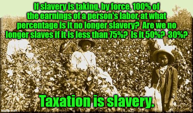 Even slavery is technically not taking 100%.  Slaves had to be fed, housed and clothed. | If slavery is taking, by force, 100% of the earnings of a person's labor, at what percentage is it no longer slavery?  Are we no longer slaves if it is less than 75%?  Is it 50%?  30%? Taxation is slavery. | image tagged in taxation is theft,slavery,taxation is slavery | made w/ Imgflip meme maker