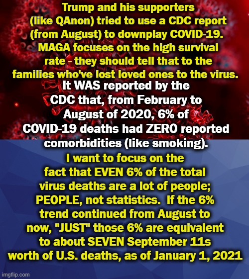 Some scientific ammunition I've been working on (updated) | Trump and his supporters (like QAnon) tried to use a CDC report (from August) to downplay COVID-19.  MAGA focuses on the high survival rate - they should tell that to the families who've lost loved ones to the virus. It WAS reported by the CDC that, from February to August of 2020, 6% of COVID-19 deaths had ZERO reported comorbidities (like smoking). I want to focus on the fact that EVEN 6% of the total virus deaths are a lot of people; PEOPLE, not statistics.  If the 6% trend continued from August to now, "JUST" those 6% are equivalent to about SEVEN September 11s worth of U.S. deaths, as of January 1, 2021 | image tagged in covid-19,maga,cdc,qanon,9/11 | made w/ Imgflip meme maker