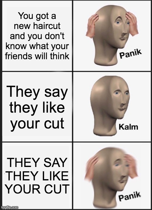 I like ya cut G | You got a new haircut and you don't know what your friends will think; They say they like your cut; THEY SAY THEY LIKE YOUR CUT | image tagged in memes,panik kalm panik,i like ya cut g | made w/ Imgflip meme maker