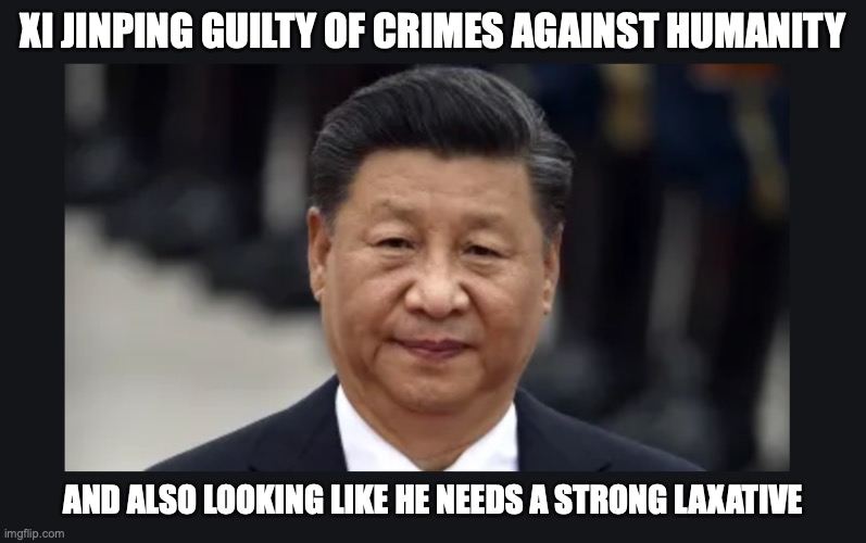Xi Jinping | XI JINPING GUILTY OF CRIMES AGAINST HUMANITY; AND ALSO LOOKING LIKE HE NEEDS A STRONG LAXATIVE | image tagged in covid-19 | made w/ Imgflip meme maker
