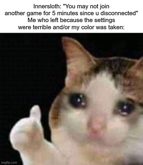 They prob think I was leaving cuz I didn't get imposter | Innersloth: "You may not join another game for 5 minutes since u disconnected"
Me who left because the settings were terrible and/or my color was taken: | image tagged in approved crying cat | made w/ Imgflip meme maker