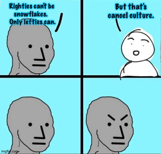 cancel culture | But that's 
cancel culture. Righties can't be 
snowflakes.  
Only lefties can. | image tagged in npc meme | made w/ Imgflip meme maker
