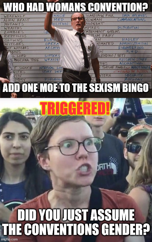 WHO HAD WOMANS CONVENTION? ADD ONE MOE TO THE SEXISM BINGO DID YOU JUST ASSUME THE CONVENTIONS GENDER? TRIGGERED! | image tagged in cabin the the woods,triggered feminist | made w/ Imgflip meme maker