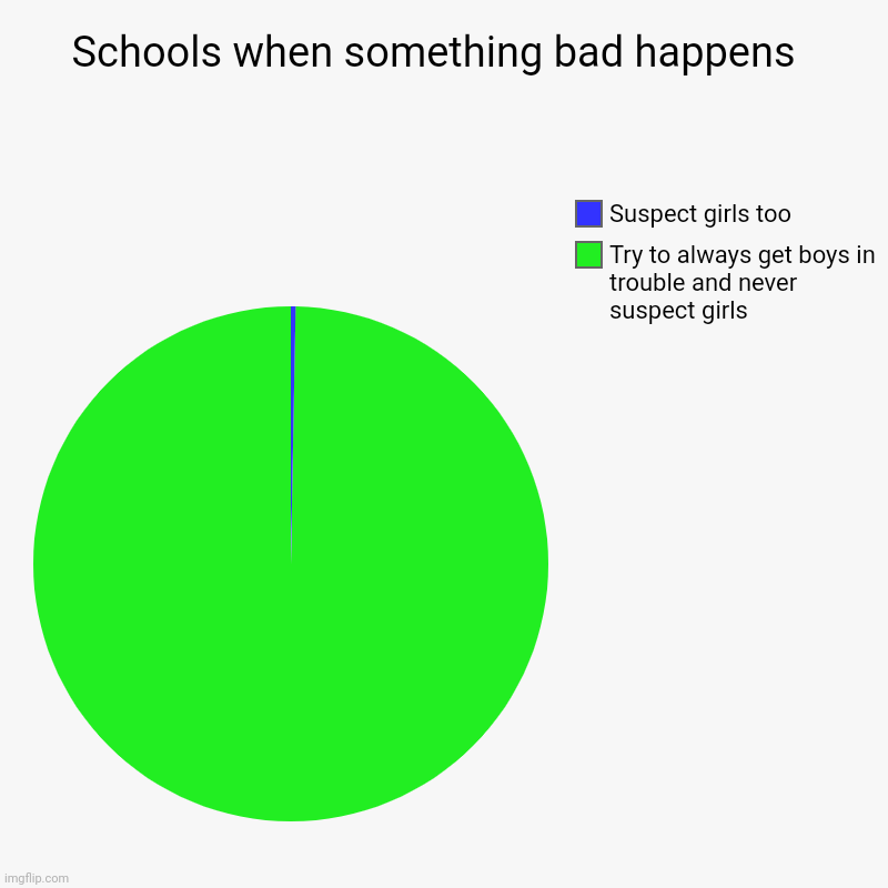 This is true | Schools when something bad happens  | Try to always get boys in trouble and never suspect girls , Suspect girls too | image tagged in charts,pie charts | made w/ Imgflip chart maker