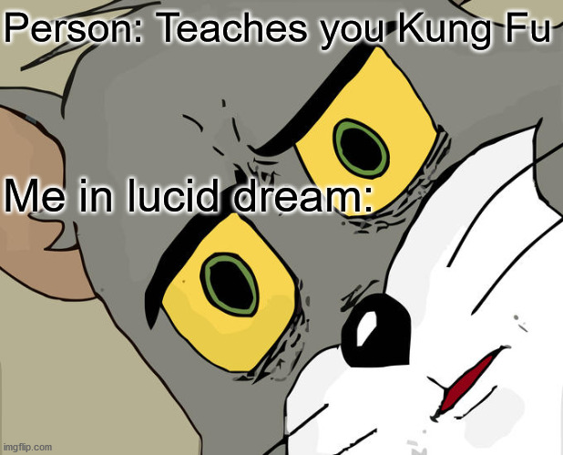 Lol jk, I wish that would happen though :P | Person: Teaches you Kung Fu; Me in lucid dream: | image tagged in memes,unsettled tom,kung fu,teacher,lucid,dream | made w/ Imgflip meme maker
