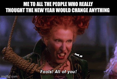 New year same shit | ME TO ALL THE PEOPLE WHO REALLY THOUGHT THE NEW YEAR WOULD CHANGE ANYTHING; @avil_gil | image tagged in new years,new year,hocus pocus | made w/ Imgflip meme maker