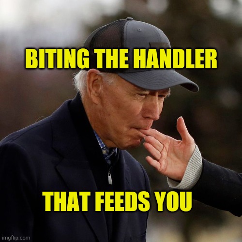 Joe Bitin | BITING THE HANDLER; THAT FEEDS YOU | image tagged in joe bitin,political meme,creepy joe biden,presidential candidates,funny not funny | made w/ Imgflip meme maker