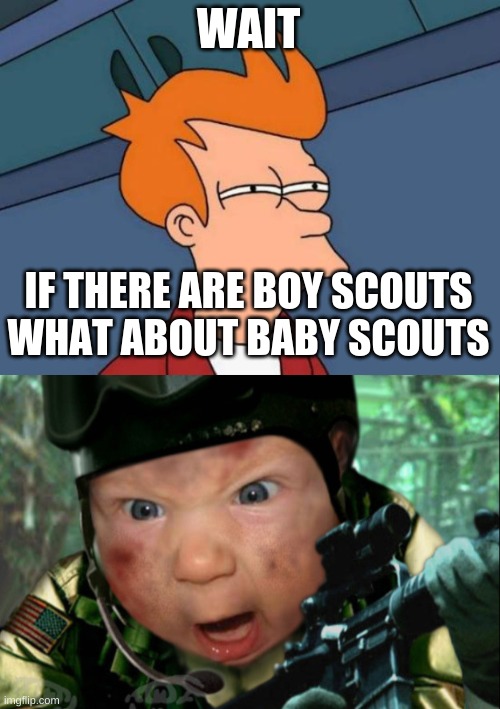wait......... | WAIT; IF THERE ARE BOY SCOUTS WHAT ABOUT BABY SCOUTS | image tagged in memes,futurama fry | made w/ Imgflip meme maker