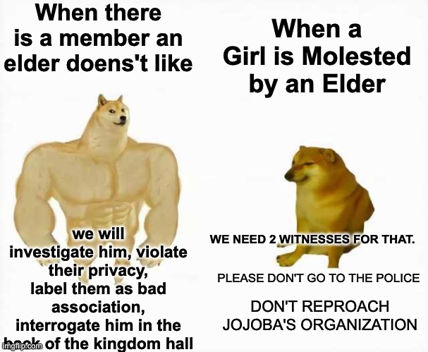 Strong dog vs weak dog | When there is a member an elder doens't like; When a Girl is Molested by an Elder; we will investigate him, violate their privacy, label them as bad association, interrogate him in the back of the kingdom hall; WE NEED 2 WITNESSES FOR THAT. PLEASE DON'T GO TO THE POLICE; DON'T REPROACH JOJOBA'S ORGANIZATION | image tagged in strong dog vs weak dog | made w/ Imgflip meme maker