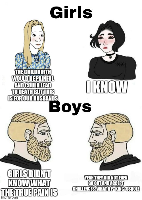 Girls vs Boys | THE CHILDBIRTH WOULD BE PAINFUL AND COULD LEAD TO DEATH BUT THIS IS FOR OUR HUSBANDS; I KNOW; GIRLS DIDN'T KNOW WHAT THE TRUE PAIN IS; YEAH THEY DID NOT EVEN GO OUT AND ACCEPT CHALLENGES. WHAT A F**KING *SSHOLE | image tagged in girls vs boys | made w/ Imgflip meme maker
