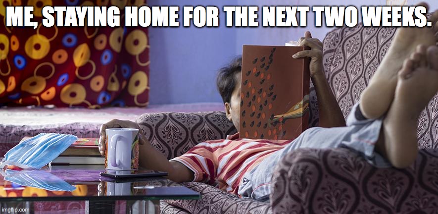 Staying Home | ME, STAYING HOME FOR THE NEXT TWO WEEKS. | image tagged in stay home,books,reading,2021,covid,covid-19 | made w/ Imgflip meme maker