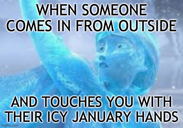 Flash frozen | WHEN SOMEONE COMES IN FROM OUTSIDE; AND TOUCHES YOU WITH THEIR ICY JANUARY HANDS | image tagged in frozen,ice,winter,cold | made w/ Imgflip meme maker