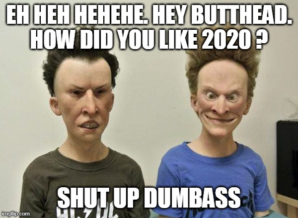 beavis and butthead | EH HEH HEHEHE. HEY BUTTHEAD.
HOW DID YOU LIKE 2020 ? SHUT UP DUMBASS | image tagged in 2020,new years | made w/ Imgflip meme maker