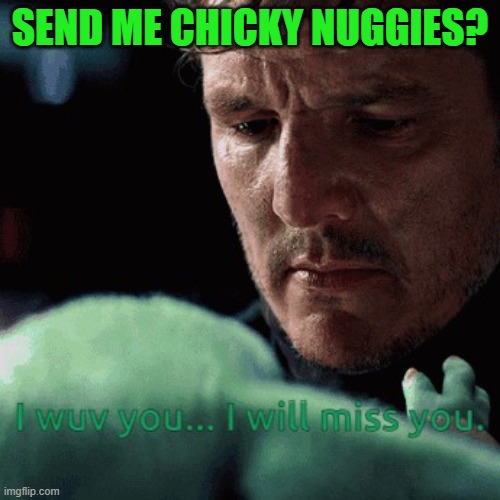 Grogu says good by. | SEND ME CHICKY NUGGIES? | image tagged in baby yoda,baby yoda cry | made w/ Imgflip meme maker