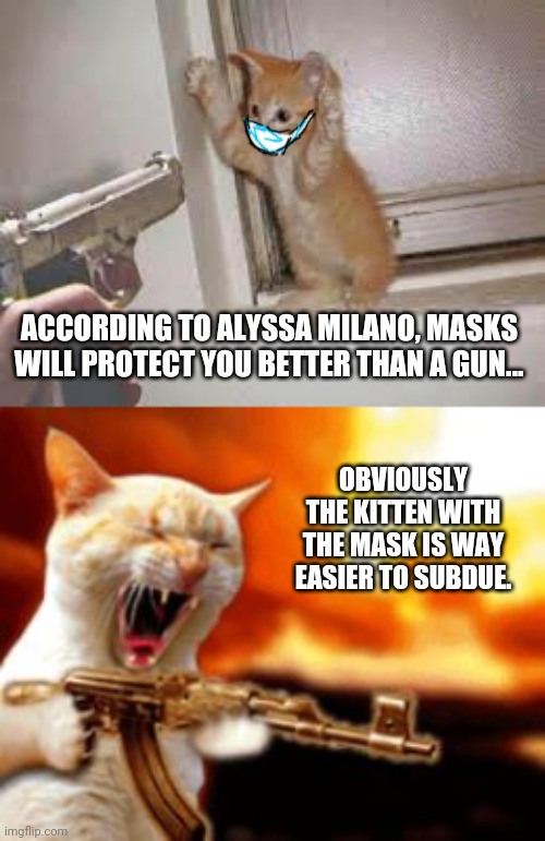Leftists: Get rid of guns right meow! | ACCORDING TO ALYSSA MILANO, MASKS WILL PROTECT YOU BETTER THAN A GUN... OBVIOUSLY THE KITTEN WITH THE MASK IS WAY EASIER TO SUBDUE. | image tagged in democratic party,alyssa milano,covidiots | made w/ Imgflip meme maker