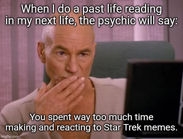 Past life reading | When I do a past life reading in my next life, the psychic will say:; You spent way too much time making and reacting to Star Trek memes. | image tagged in picard computer,memes,star trek | made w/ Imgflip meme maker