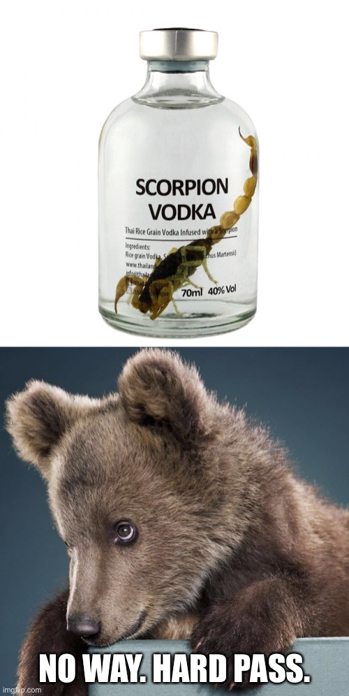 Aren’t Scorpions Poisonous? | NO WAY. HARD PASS. | image tagged in funny memes,vodka,scorpion,hard pass | made w/ Imgflip meme maker
