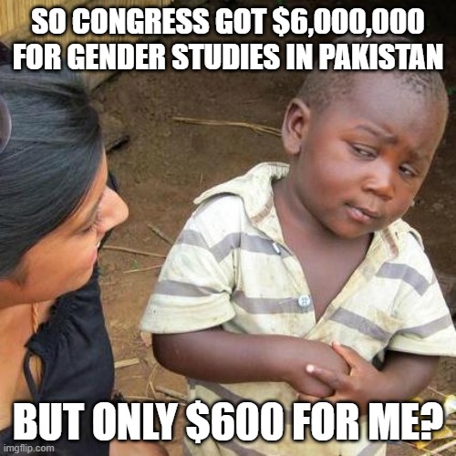 Third World Skeptical Kid | SO CONGRESS GOT $6,000,000 FOR GENDER STUDIES IN PAKISTAN; BUT ONLY $600 FOR ME? | image tagged in memes,third world skeptical kid,funny,political humor,politics,funny memes | made w/ Imgflip meme maker