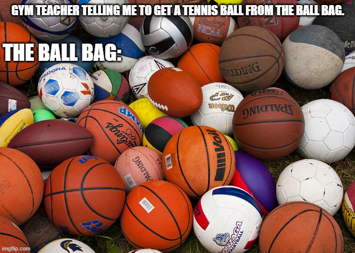 sports balls | GYM TEACHER TELLING ME TO GET A TENNIS BALL FROM THE BALL BAG. THE BALL BAG: | image tagged in sports balls | made w/ Imgflip meme maker