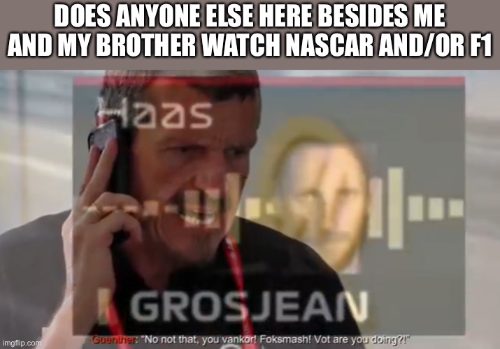 DOES ANYONE ELSE HERE BESIDES ME AND MY BROTHER WATCH NASCAR AND/OR F1 | made w/ Imgflip meme maker