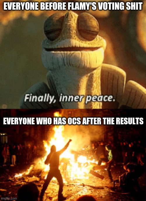 EVERYONE BEFORE FLAMY'S VOTING SHIT; EVERYONE WHO HAS OCS AFTER THE RESULTS | image tagged in finally inner peace,anarchy riot | made w/ Imgflip meme maker