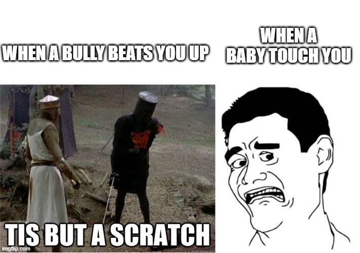 true dat | WHEN A BABY TOUCH YOU; WHEN A BULLY BEATS YOU UP | image tagged in tis but a scratch,yao ming scared,baby,bully,beat up,touch | made w/ Imgflip meme maker