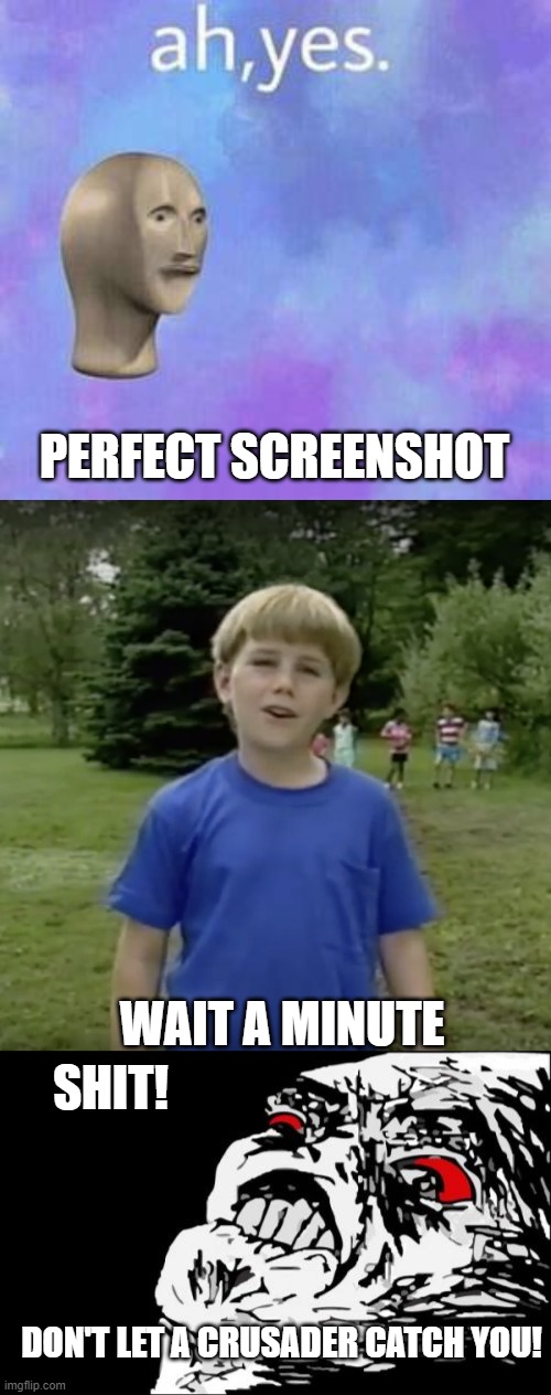 WAIT A MINUTE PERFECT SCREENSHOT SHIT! DON'T LET A CRUSADER CATCH YOU! | image tagged in ah yes,kazoo kid wait a minute who are you,memes,mega rage face | made w/ Imgflip meme maker