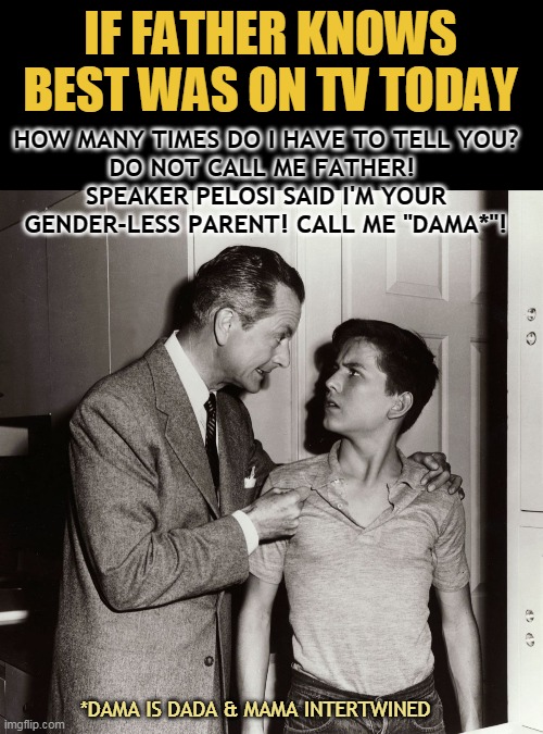 IF FATHER KNOWS BEST WAS ON TV TODAY; HOW MANY TIMES DO I HAVE TO TELL YOU?
DO NOT CALL ME FATHER! 
SPEAKER PELOSI SAID I'M YOUR GENDER-LESS PARENT! CALL ME "DAMA*"! *DAMA IS DADA & MAMA INTERTWINED | made w/ Imgflip meme maker