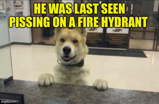 HE WAS LAST SEEN PISSING ON A FIRE HYDRANT | made w/ Imgflip meme maker