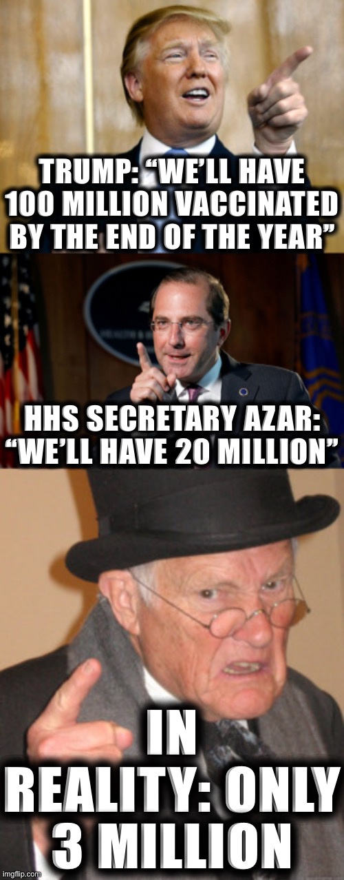 [A taxonomy of Trump Administration incompetence: Last 20 days edition] | TRUMP: “WE’LL HAVE 100 MILLION VACCINATED BY THE END OF THE YEAR”; HHS SECRETARY AZAR: “WE’LL HAVE 20 MILLION”; IN REALITY: ONLY 3 MILLION | image tagged in donald trump pointing,alex azar points,memes,back in my day,covid-19,coronavirus | made w/ Imgflip meme maker